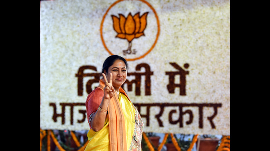 Bjp Mla Elect Rekha Gupta Arrives At The Party Office To Attend Legislative Party Meeting